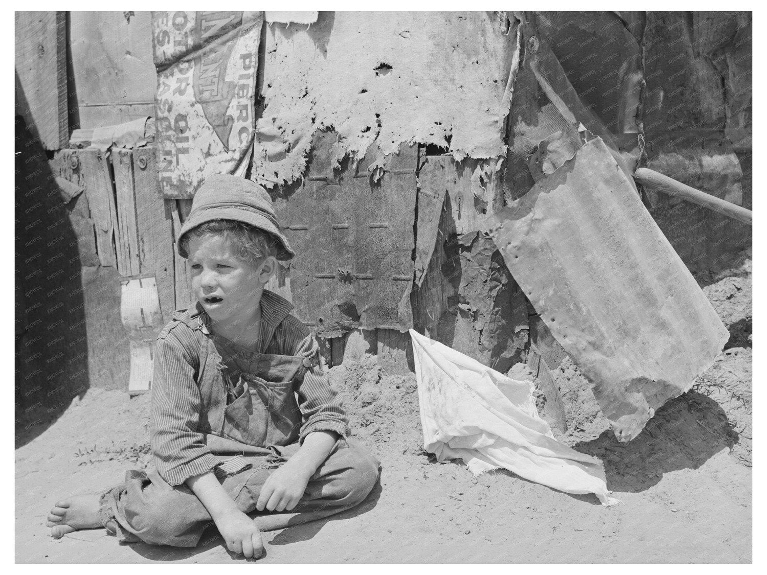 Young Boy by Tent Home in Webbers Falls Oklahoma 1939