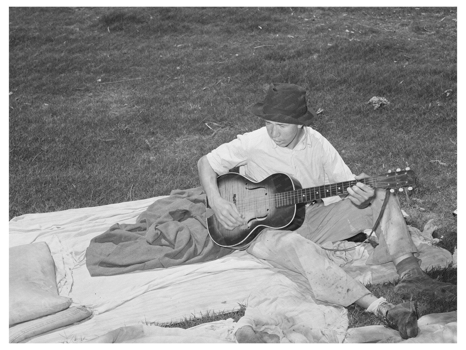 Migrant Boy Playing Guitar Oklahoma June 1939