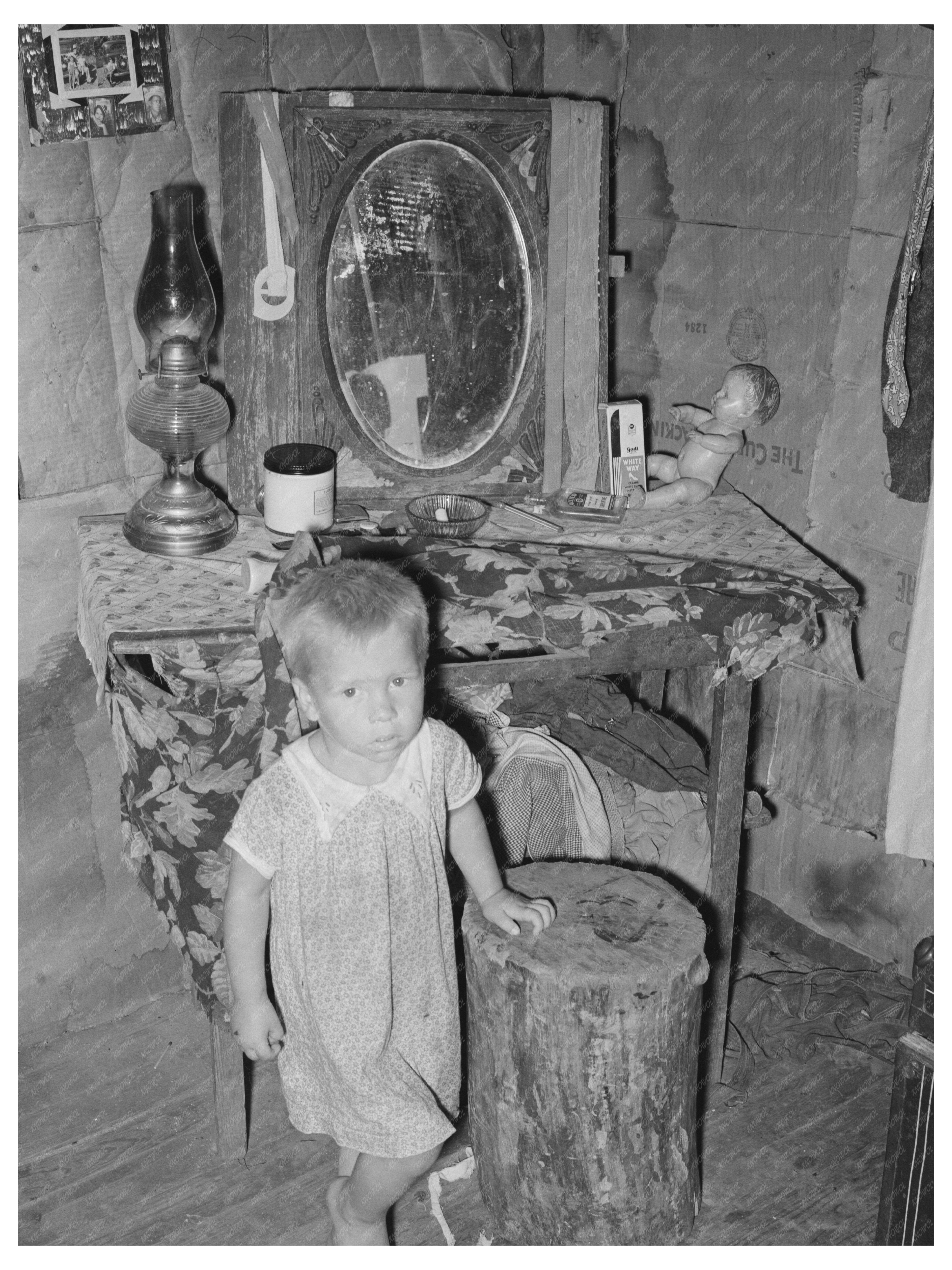 Child at Dressing Table in Modest Shack Vian Oklahoma 1939