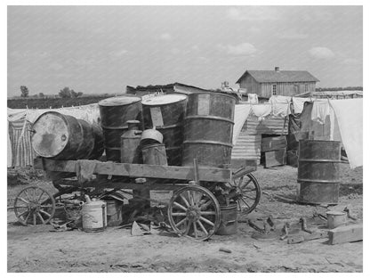 1939 Tractor Farm Scene with Oil Drums in Oklahoma