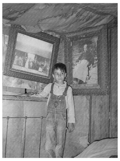 Indian Boy with Ancestor Portraits Sallisaw Oklahoma 1939