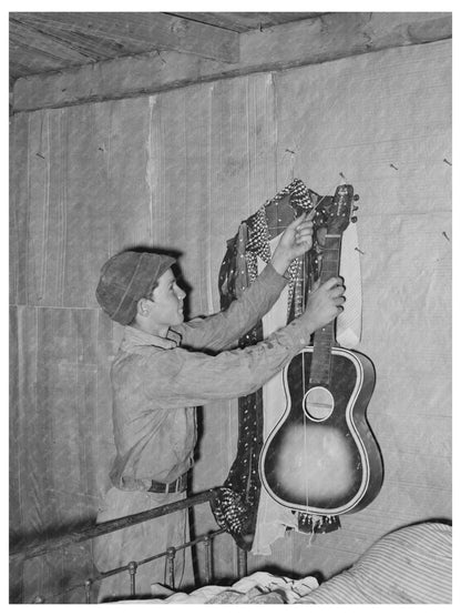 Vintage 1939 Boy with Guitar at Homestead in Oklahoma