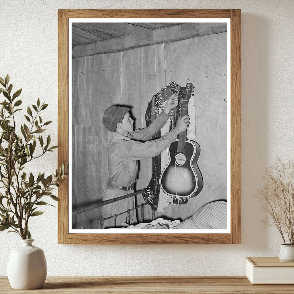 Vintage 1939 Boy with Guitar at Homestead in Oklahoma