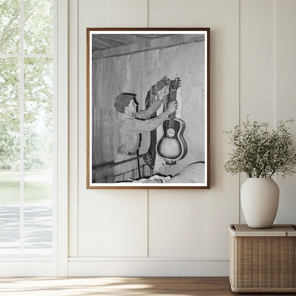 Vintage 1939 Boy with Guitar at Homestead in Oklahoma