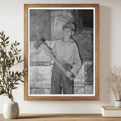 Boy with Homemade Ax in Mays Avenue Camp Oklahoma 1939