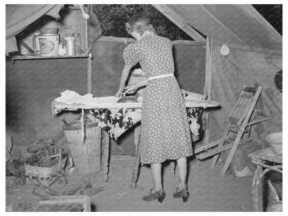 Woman Ironing in Tent Home Oklahoma City July 1939