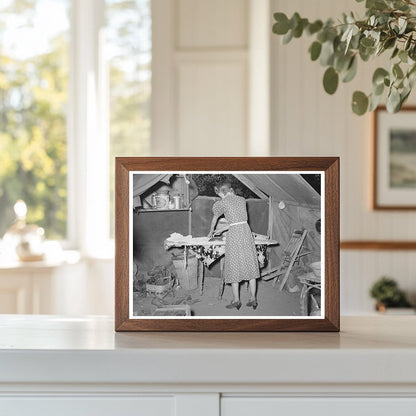 Woman Ironing in Tent Home Oklahoma City July 1939