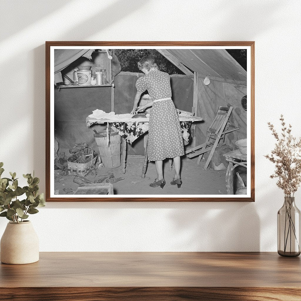 Woman Ironing in Tent Home Oklahoma City July 1939