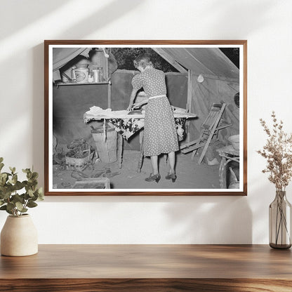 Woman Ironing in Tent Home Oklahoma City July 1939