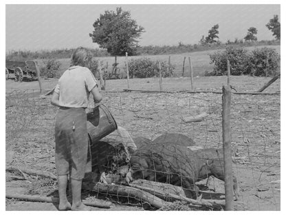 Daughter of Tenant Farmer Feeding Hogs Muskogee 1939