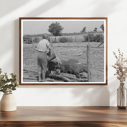 Daughter of Tenant Farmer Feeding Hogs Muskogee 1939