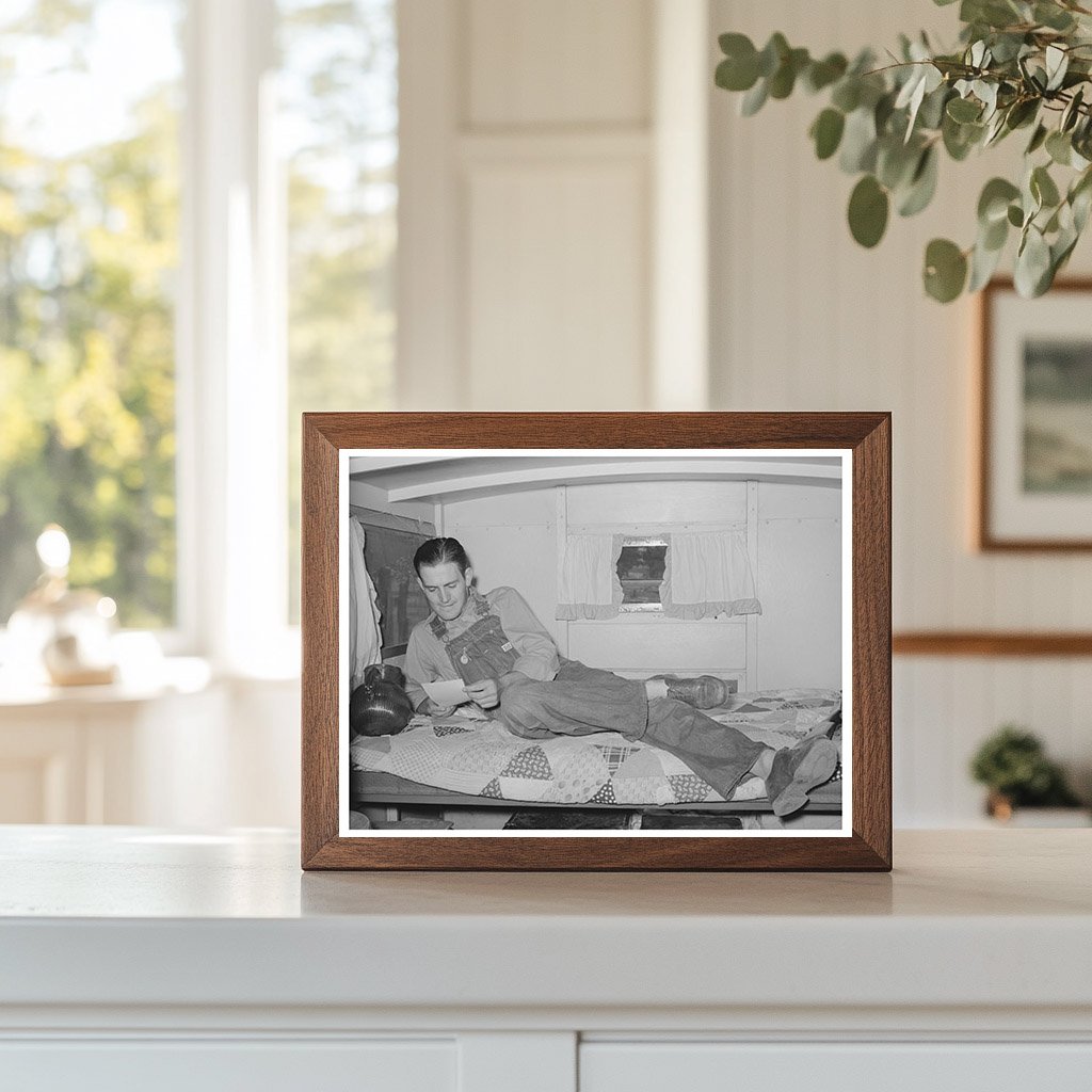 Oil Field Worker Reading Letter in Trailer Home 1939