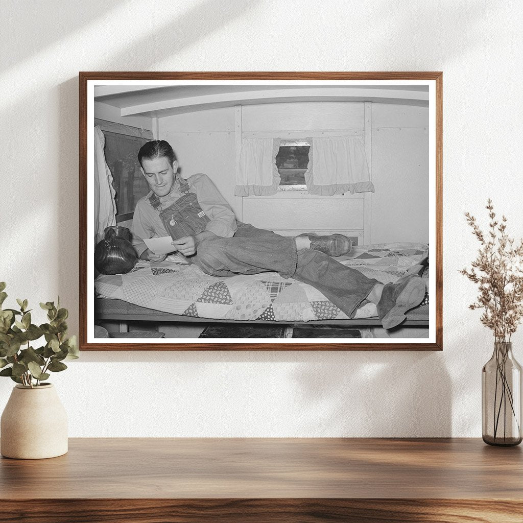 Oil Field Worker Reading Letter in Trailer Home 1939