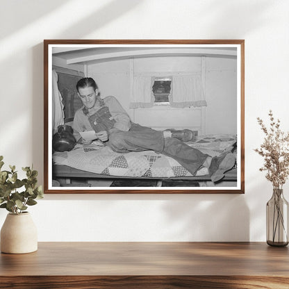 Oil Field Worker Reading Letter in Trailer Home 1939