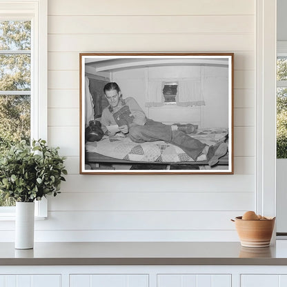 Oil Field Worker Reading Letter in Trailer Home 1939