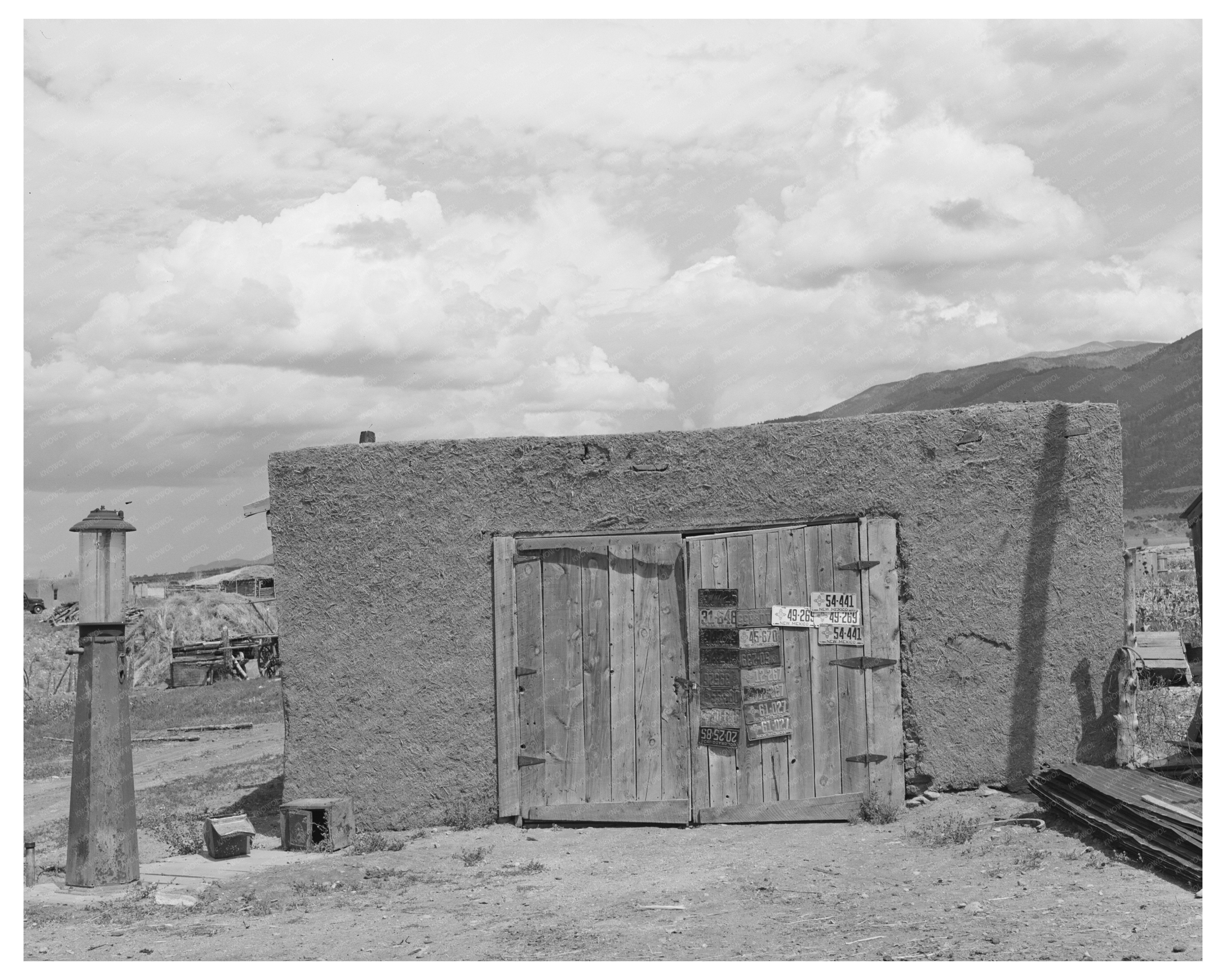 Vintage Garage and Gas Pump in Questa New Mexico 1939