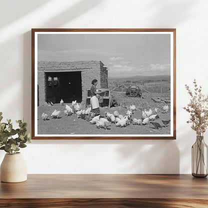 Ofelia Trujillo Feeding Chickens in Taos New Mexico 1939