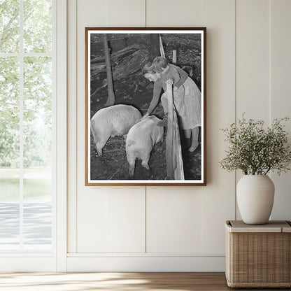 Farm Family Interacting with Pigs in Vermont 1939