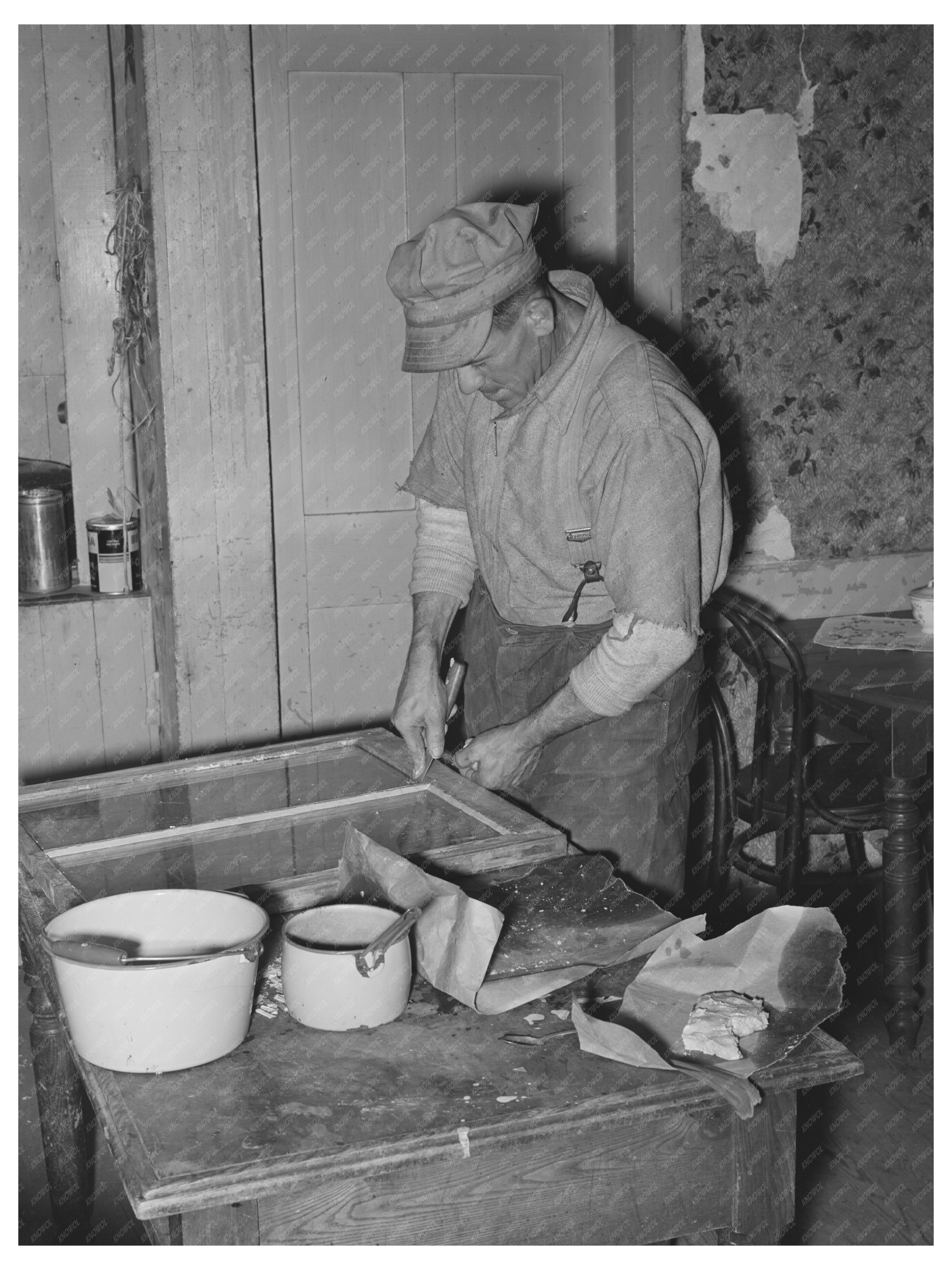 Farmer Puttying Window Glass in Orange County Vermont 1939