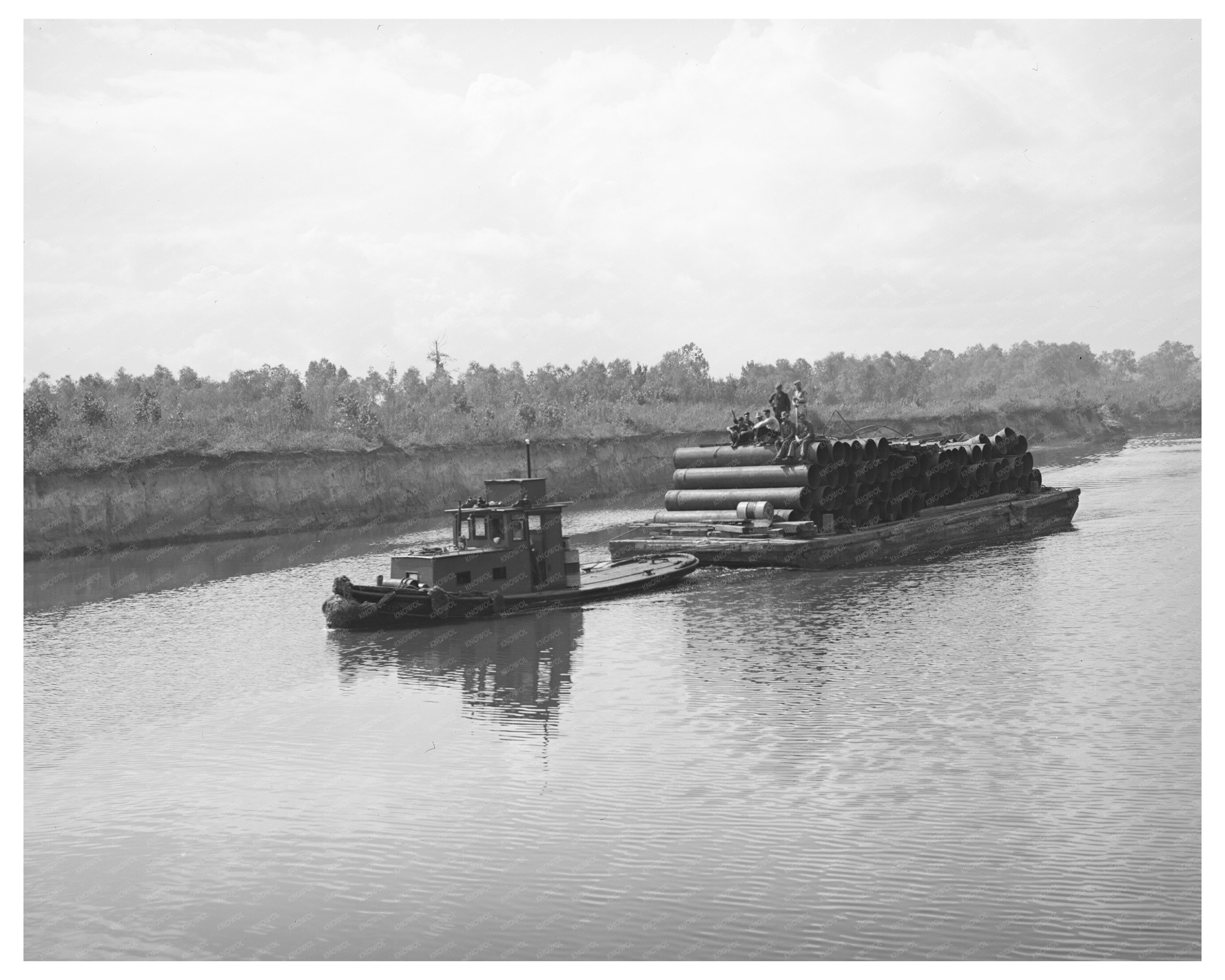 Barge Loaded with Pipe at Port of Houston 1939
