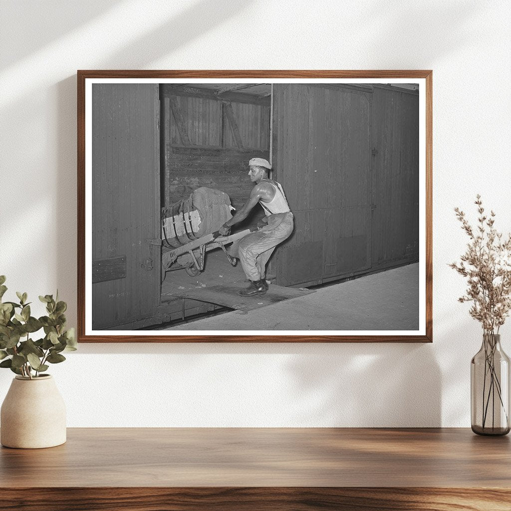 Worker Unloading Cotton Bale from Railroad Car Houston 1939