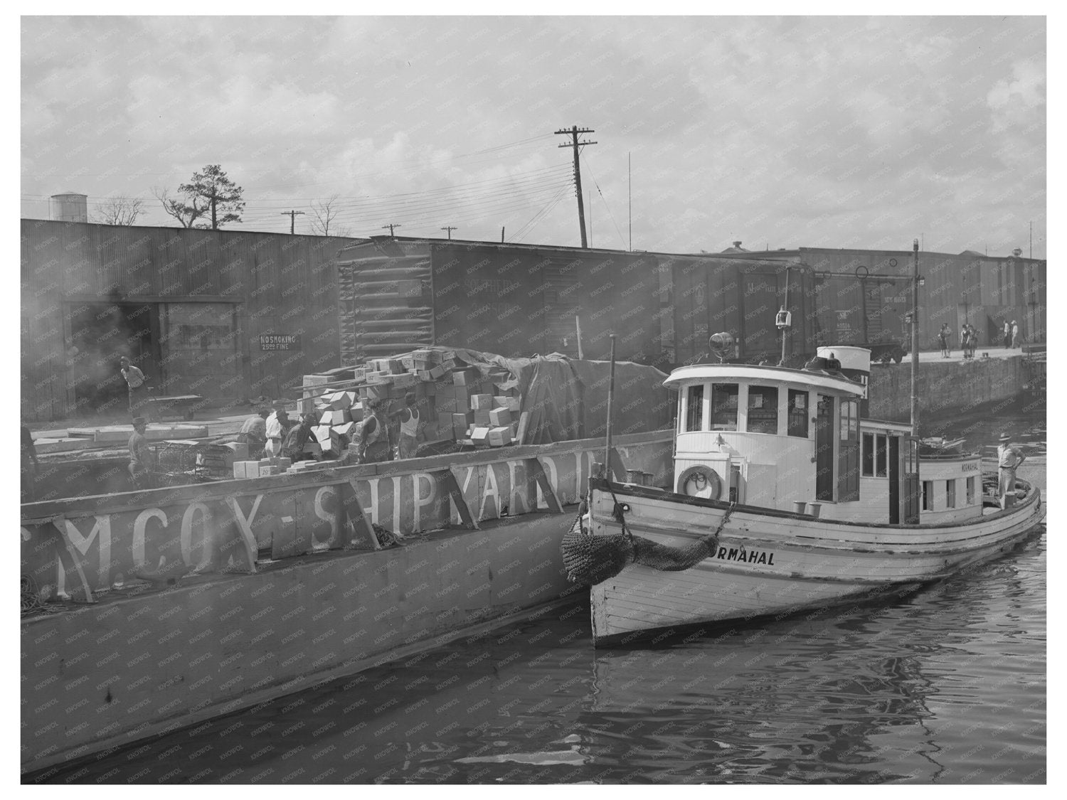 Tugboat Towing Barge in Port of Houston 1939