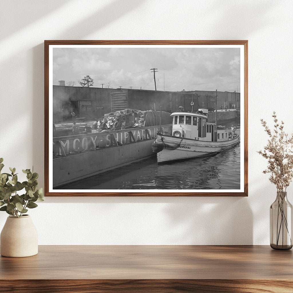 Tugboat Towing Barge in Port of Houston 1939