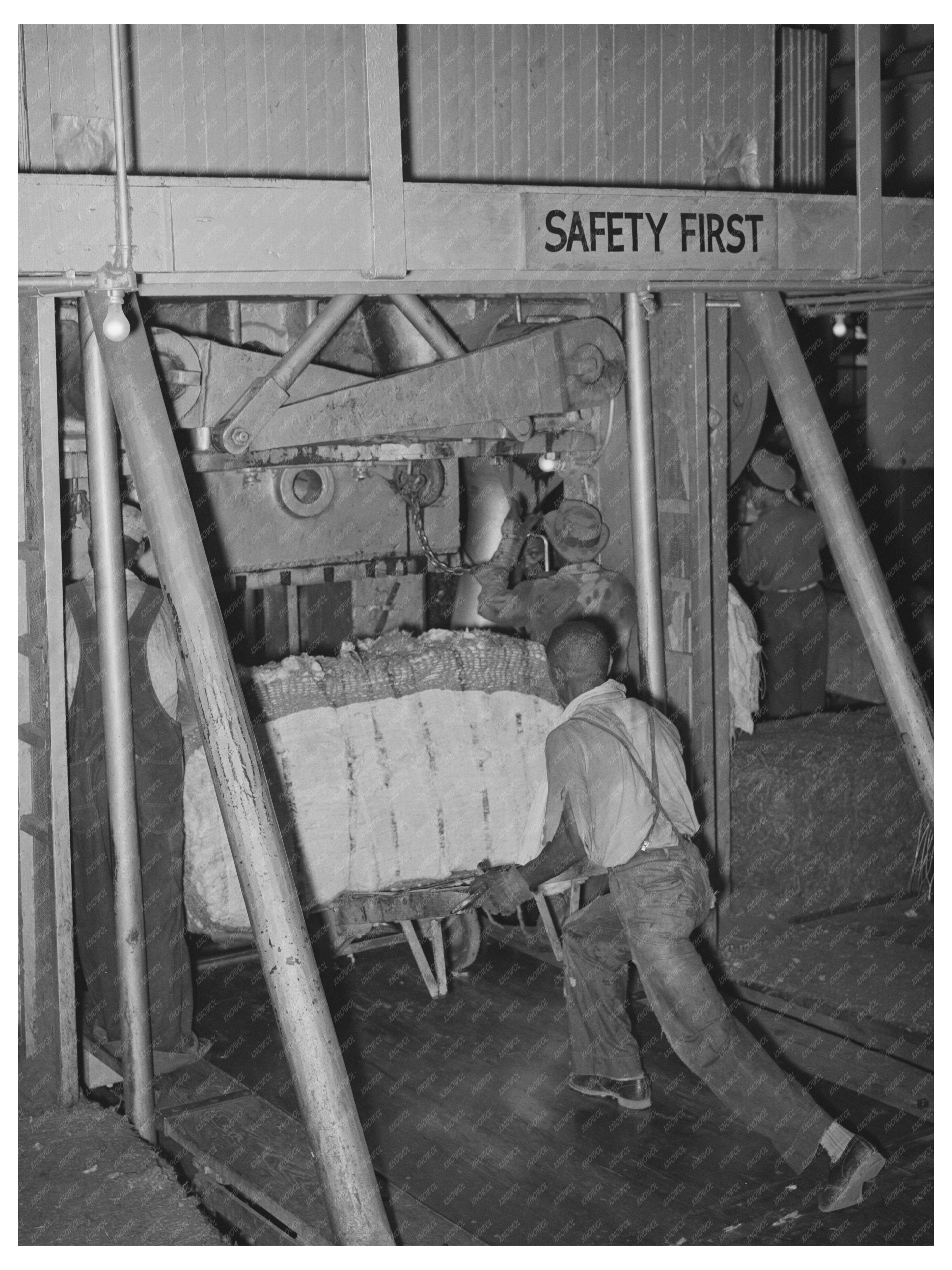 Workers Compress Cotton Bale in Houston Texas 1939