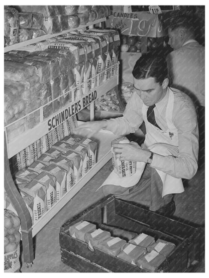 Grocery Clerk Arranging Bread in San Angelo Texas 1939