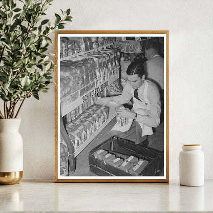 Grocery Clerk Arranging Bread in San Angelo Texas 1939