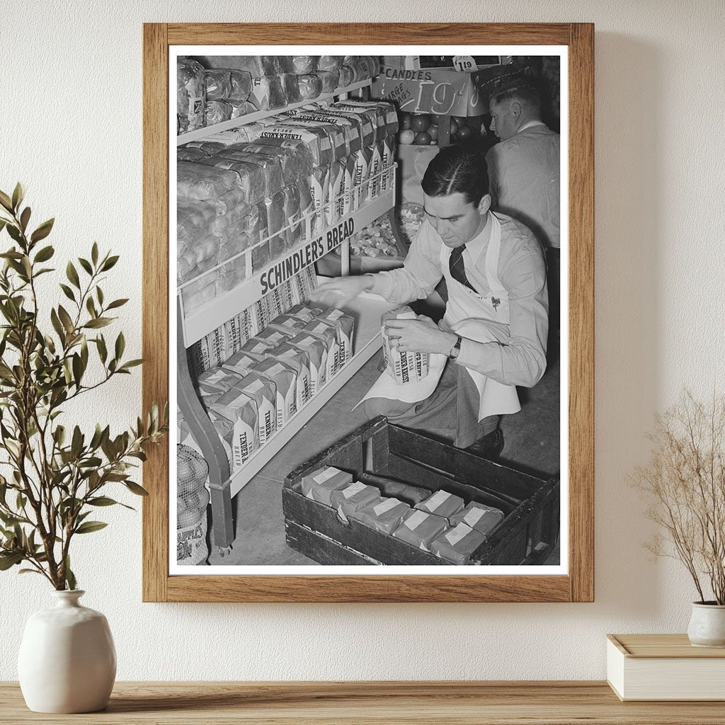 Grocery Clerk Arranging Bread in San Angelo Texas 1939