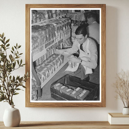 Grocery Clerk Arranging Bread in San Angelo Texas 1939