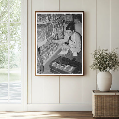 Grocery Clerk Arranging Bread in San Angelo Texas 1939