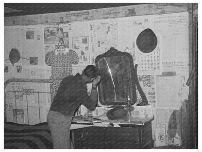 Pomp Halls Son Grooming Hair in Bedroom Oklahoma 1940