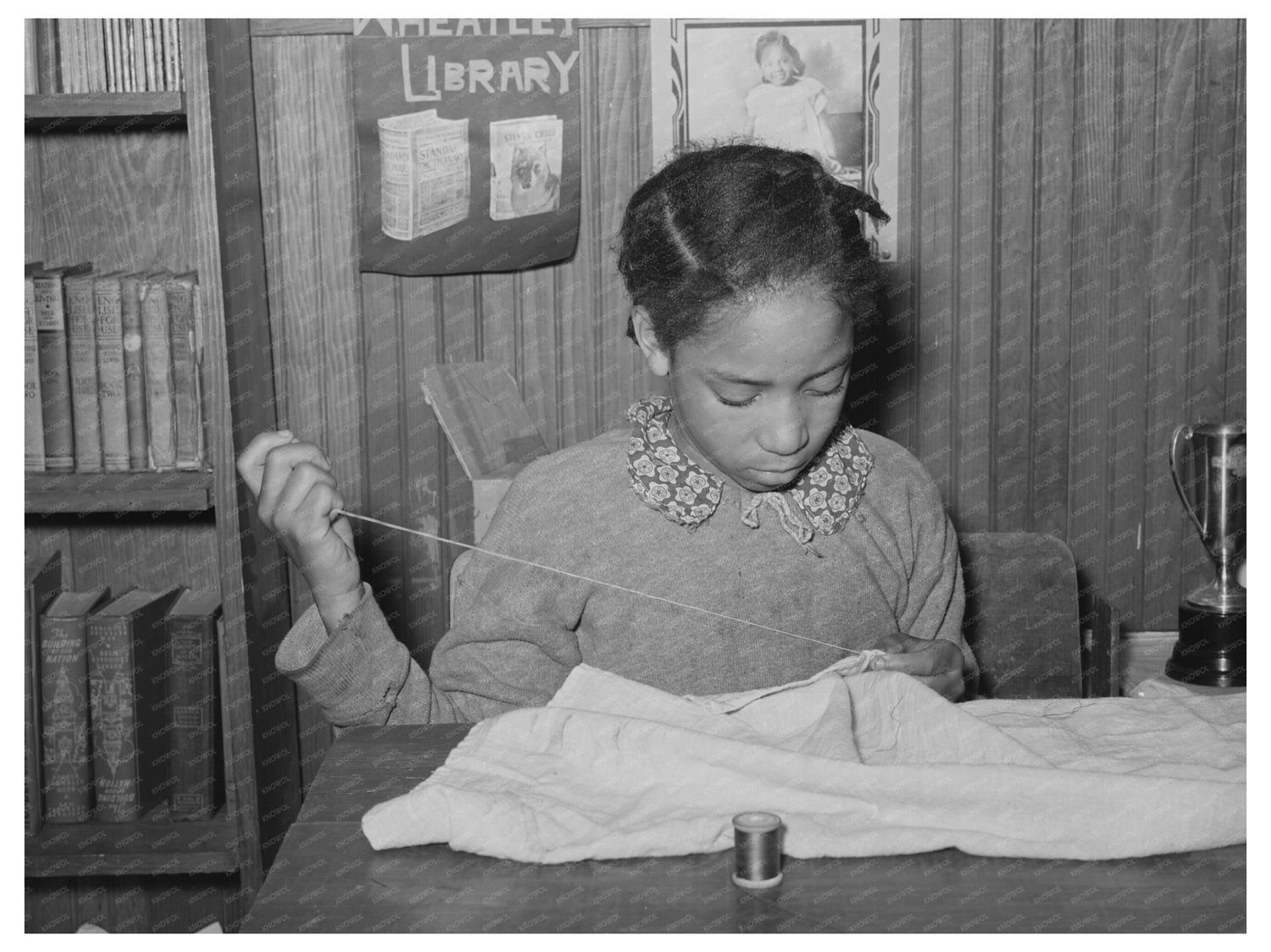 1940 Vintage Photo of Girl Sewing in 4-H Club Project