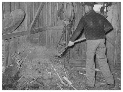 1944 Young Tenant Farmer Cleaning Barn in Oklahoma