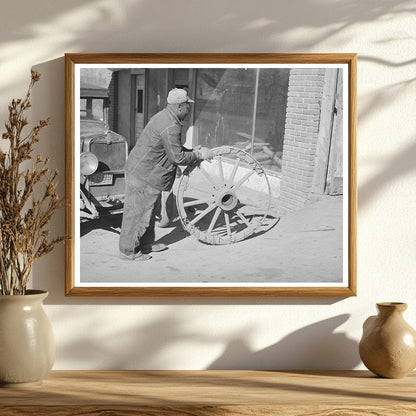 1940 Farmer Repairing Wagon Wheel in Depew Oklahoma