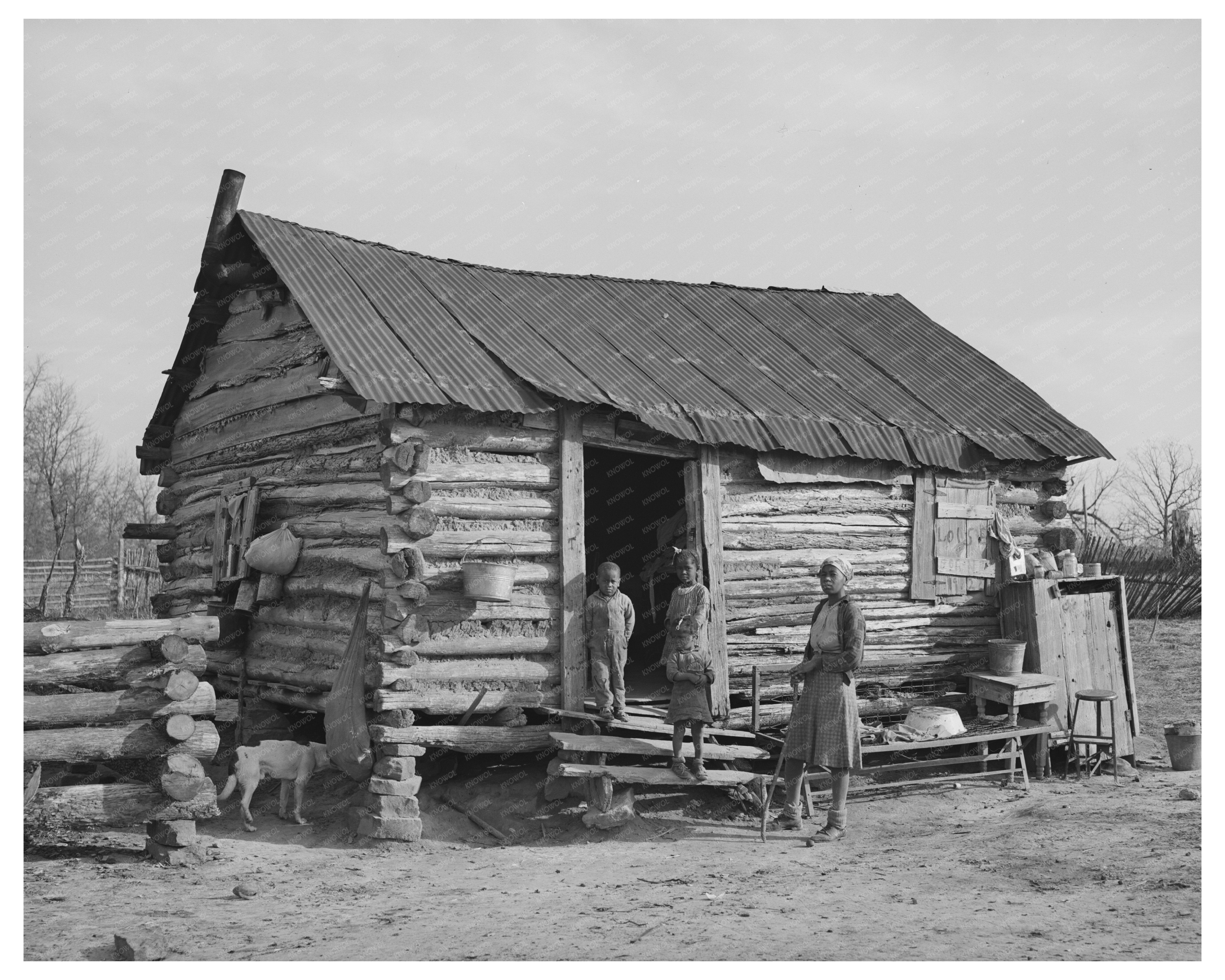 Log Cabin and Farmer Family McIntosh County Oklahoma 1940