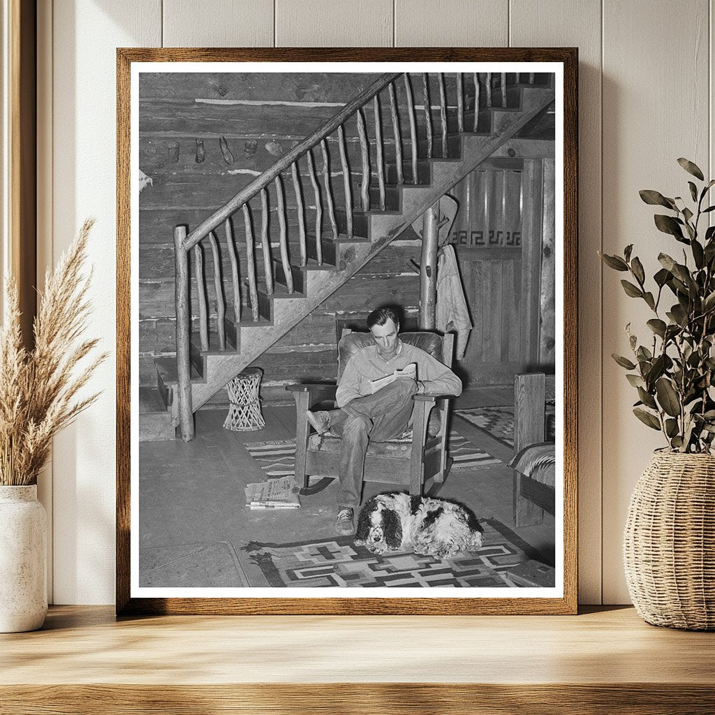 Navajo Lodge Manager and Dog by Fireplace April 1940