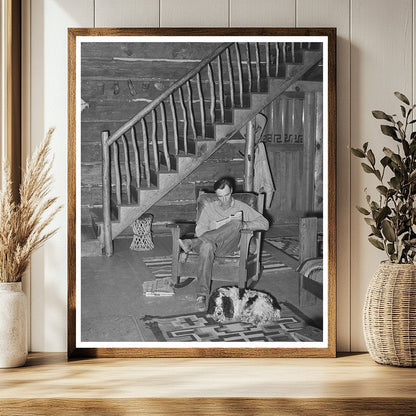 Navajo Lodge Manager and Dog by Fireplace April 1940