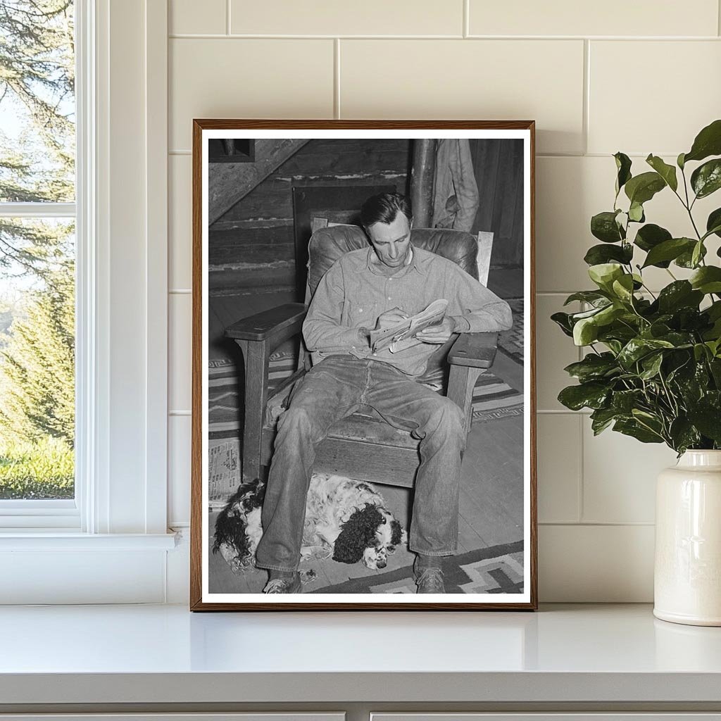 Navajo Lodge Manager and Dog Relaxing with Crossword Puzzle 1940