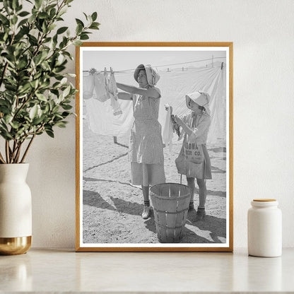 Wife and Daughter Hanging Laundry in Arizona 1940