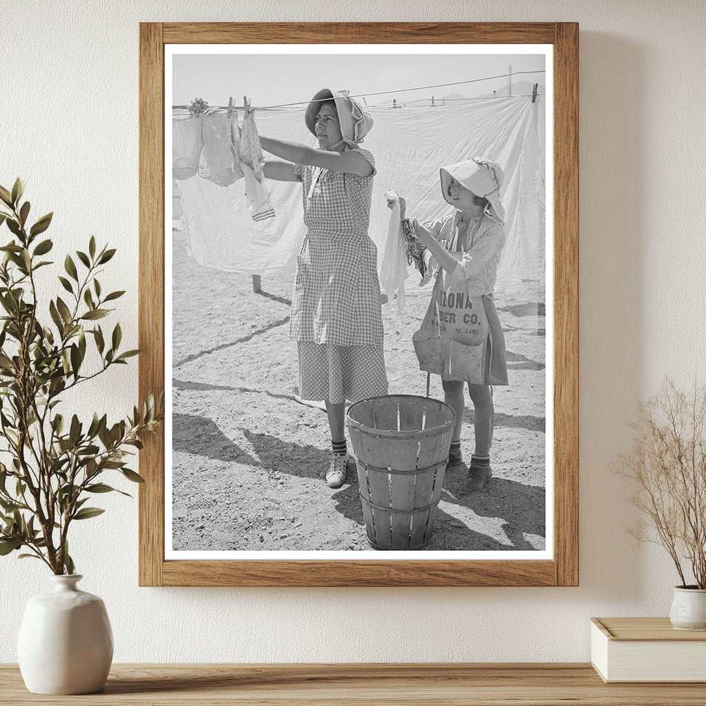 Wife and Daughter Hanging Laundry in Arizona 1940