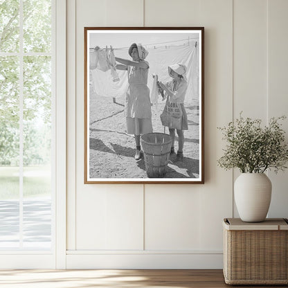 Wife and Daughter Hanging Laundry in Arizona 1940