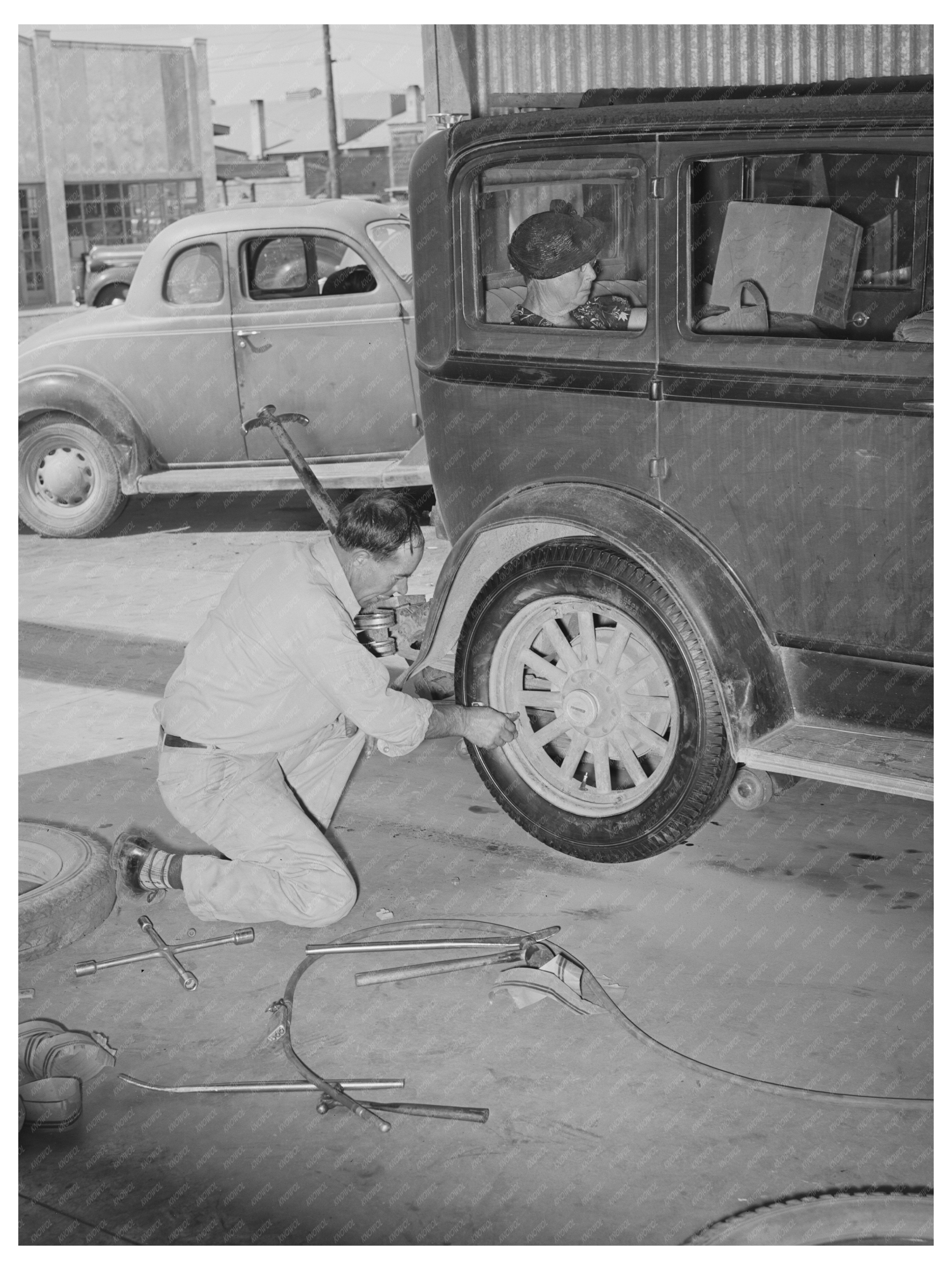 Vintage Tire Changing Scene Arizona 1940