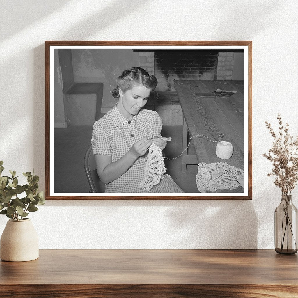 Arizona Farm Worker Crocheting in Community Building 1940