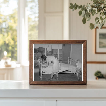 1940 Vintage Image of Arizona Woman Making Bed on Porch