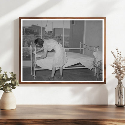 1940 Vintage Image of Arizona Woman Making Bed on Porch