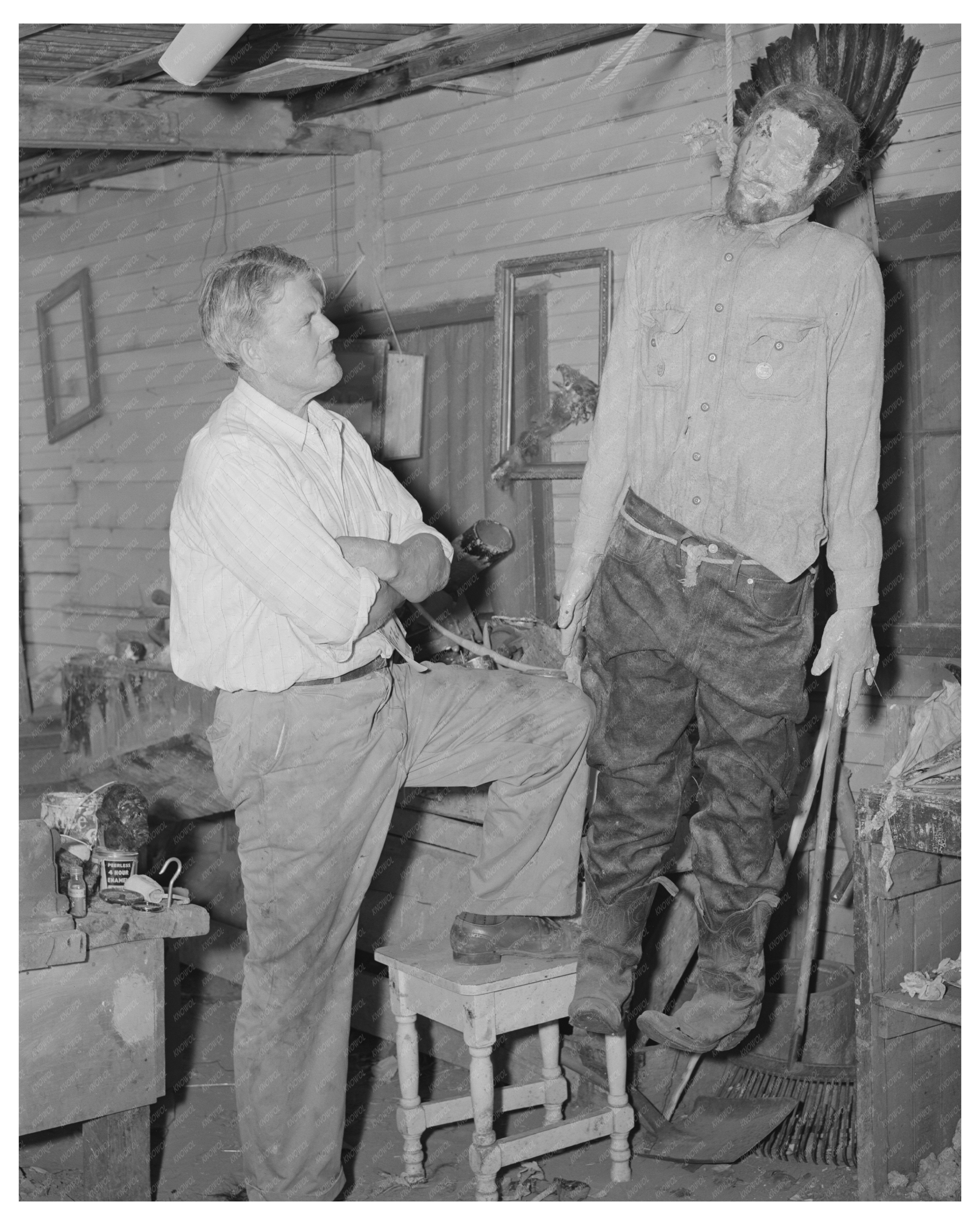 Homer Tate Examines Model of Hanged Horse Thief 1940