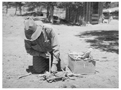 Faro Caudill Preparing Fire in Pie Town New Mexico 1940